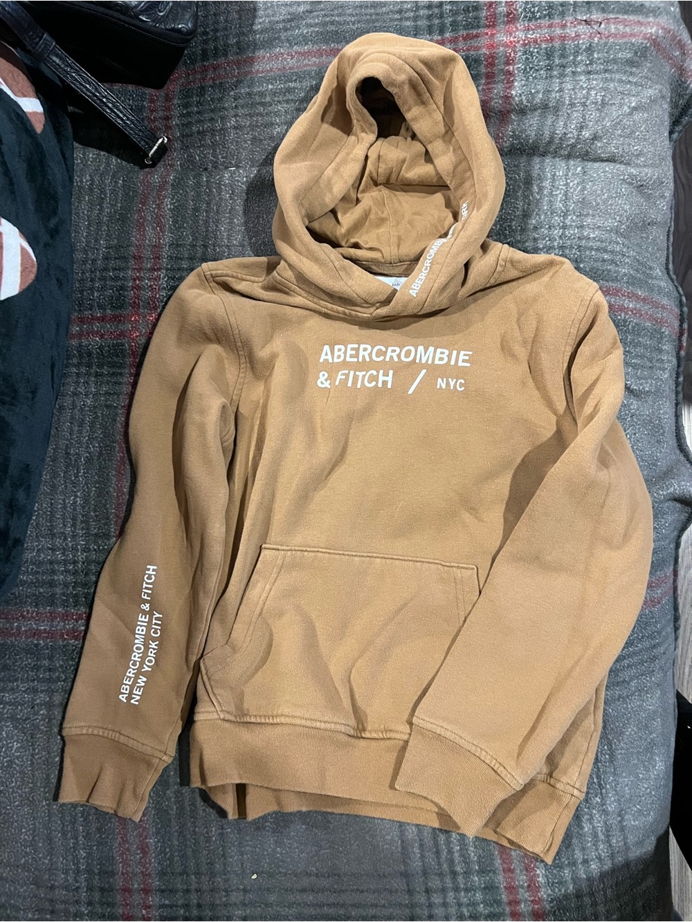 abercrombie kids camel tan hoodie with white logo